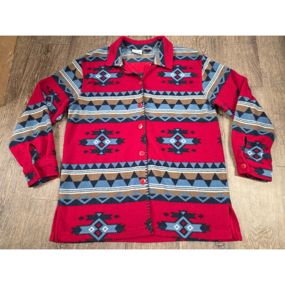 Capacity Petites Medium Red Aztec Southwestern Think Fleece Button Jacket - Picture 1 of 6